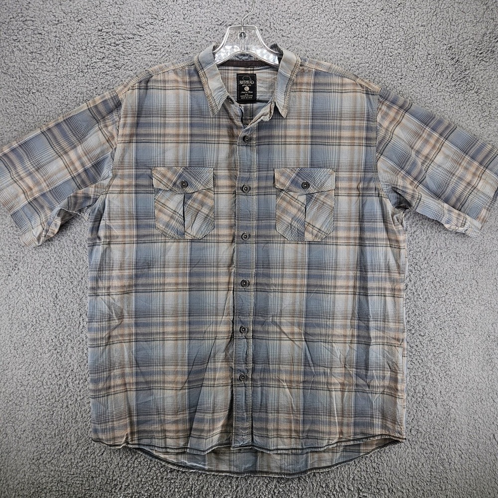 RedHead Mens Large Blue Tan Plaid Short Sleeve Button Down Cotton Shirt 00510